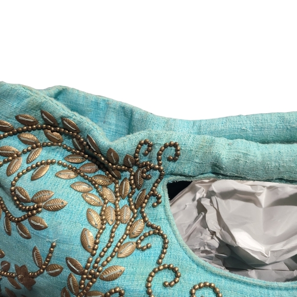 Moyna Beaded Textile Purse Handbag, Teal, Gold Beads - Picture 3 of 12